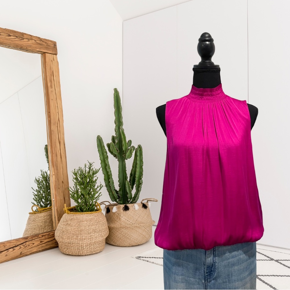 Banana Republic Sleeveless Smocked High Neck Satin Top